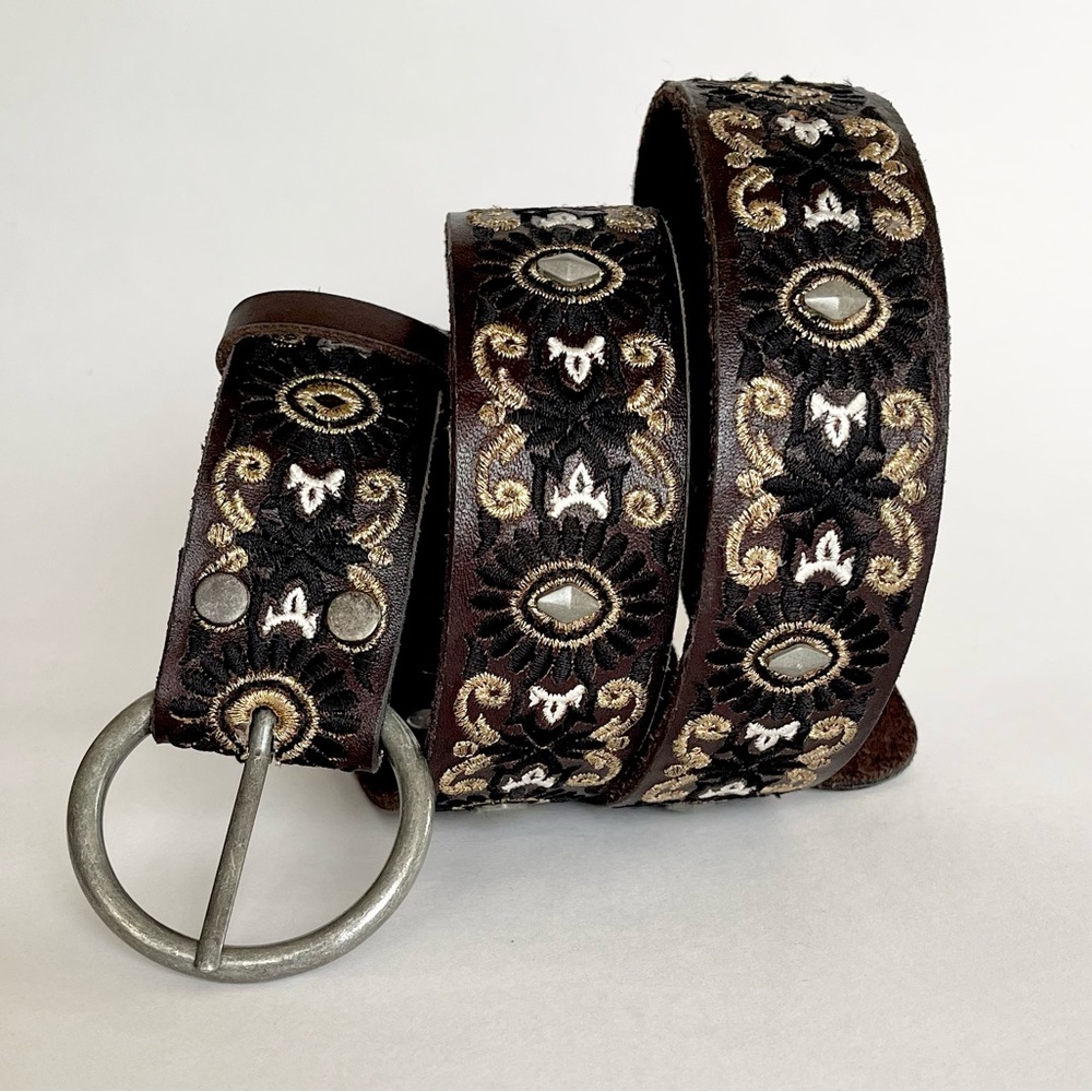 Lucky Brand Women’s Embroidered Leather Brown/Gold Belt NWT Size M